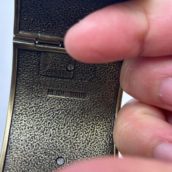 Heidi Daus Art Deco Wide Cuff Bracelet Black Leather Look Rhinestone Turquoise - Picture 7 of 10